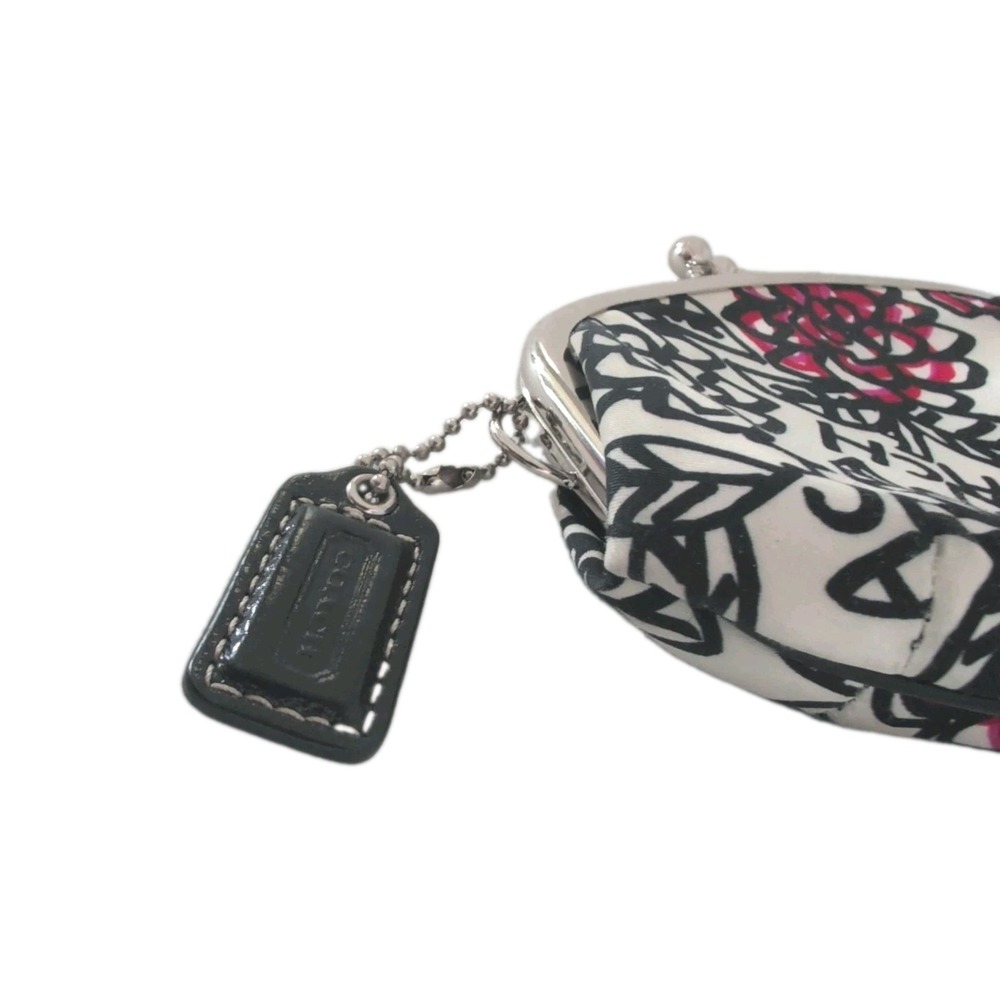Coach Kisslock Poppy Graffiti Coin Purse Black Pink & White Floral Satin Rare - Picture 2 of 5